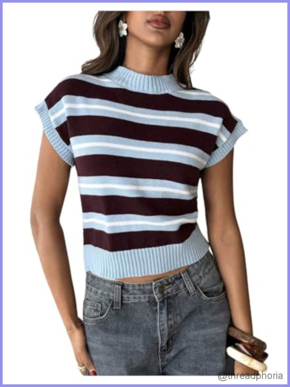 Women's Striped Cap Sleeve Sweater Vest Mock Neck Y2k Cropped Pullover